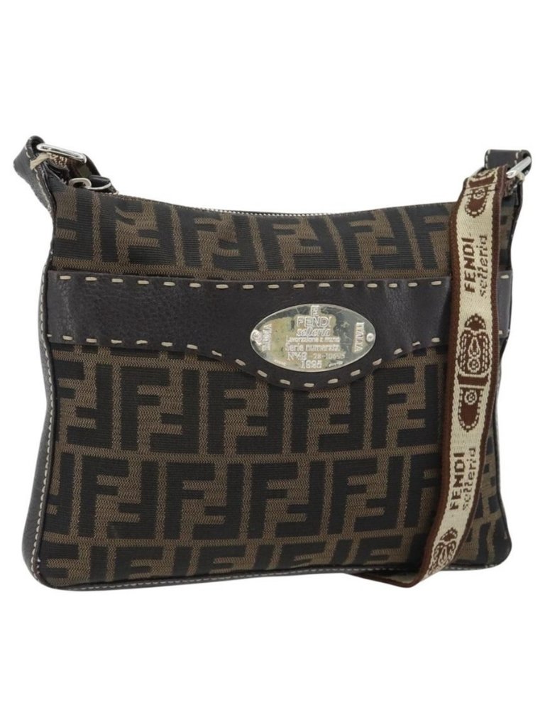 Authentic Fendi Zucca Canvas Celeria Shoulder Bag Black Brown